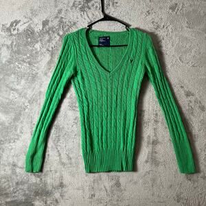Vintage American Eagle Y2K Cable Knit V-Neck Sweater Kelly Green Size Medium